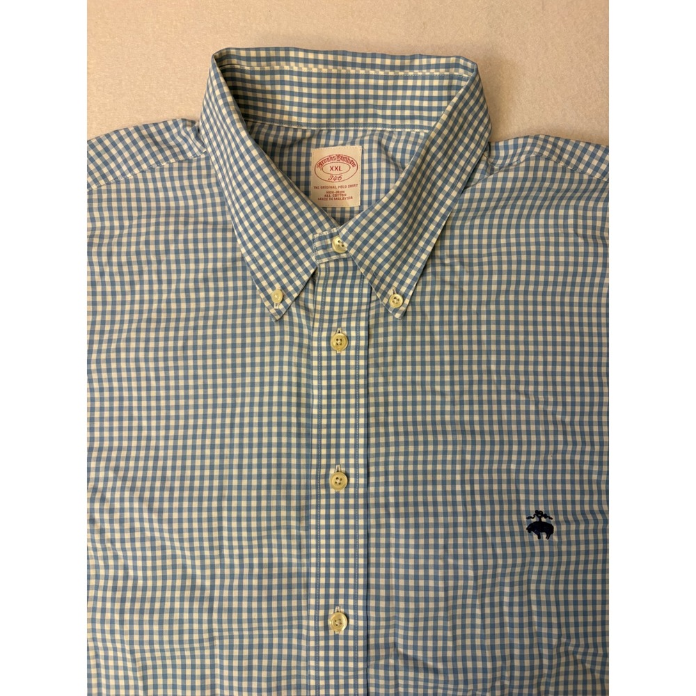 Brooks Brothers 346 Men XXL Gingham Button Down Shirt Blue White Non-Iron Cotton